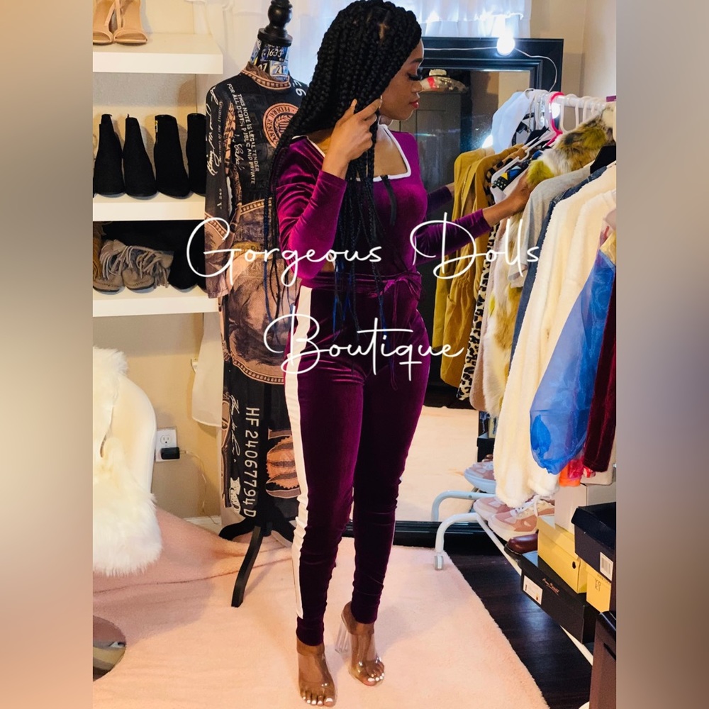 Gorgeous Doll Boutique High Waist Long Sleeve Cut Out Velvet Jumpsuit
